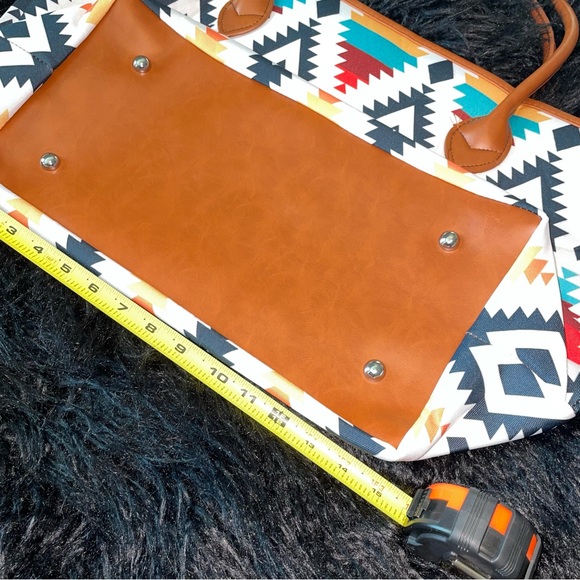 Geometric Patterned Tote Bag with Brown Accents - Picture 3 of 6